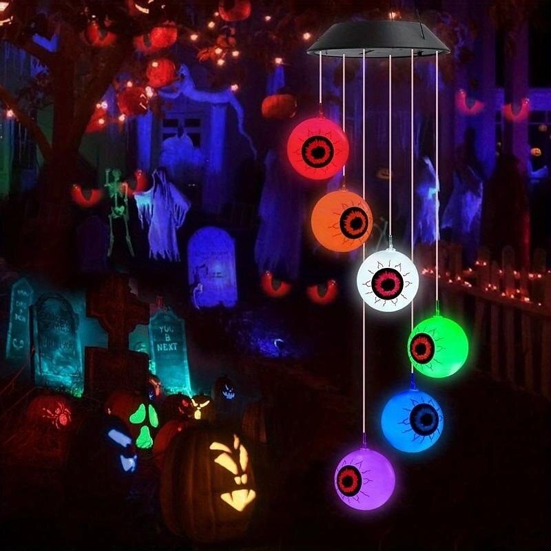 Halloween Solar Wind Chime Outdoor Decorative Hanging Light Terrifying Eye Light for Courtyard Garden Party Showcase Halloween Festival Decorative Atmosphere Hanging Light4
