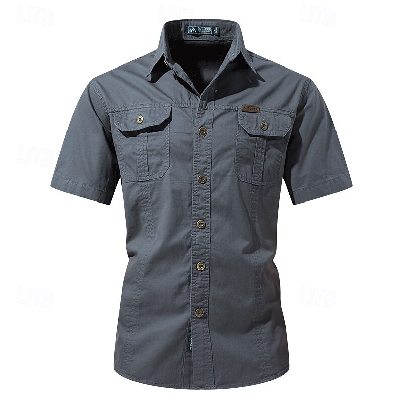 Men's Shirt Workwear Shirts Casual Shirt Work Shirt Button Up Shirt Black Blue khaki Army Green Gray Short Sleeve Plain Lapel Vacation Holiday Pocket Clothing Apparel 100% Cotton Fashion Casual4