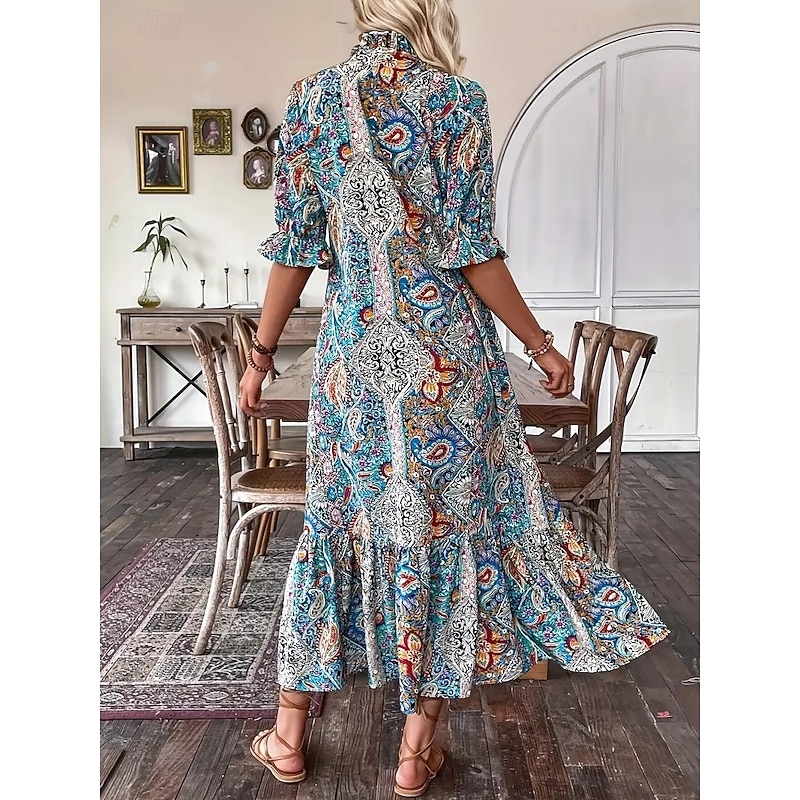 Women's Maxi Dress Casual Dress Boho Dress Stylish Casual Daily Loose Fit Graphic Long Sleeve V Neck Blue Spring Fall2