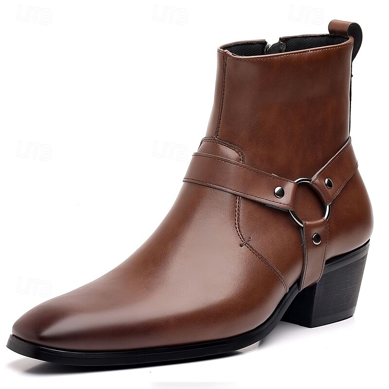 Men's Brown Faux Leather Motorcycle Ankle Boots with Strap and Metal Ring Detail - Stylish Western-Inspired Biker Boots2