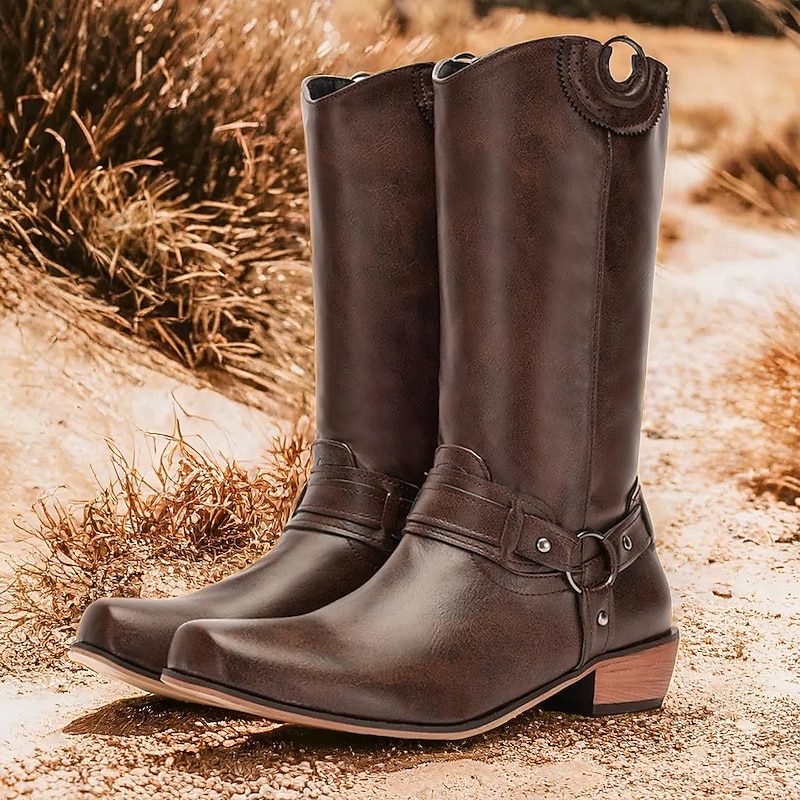 Men's Brown Faux Leather Western Motorcycle Riding Boots - Classic Style with Harness Detail for Equestrian and Casual Wear
