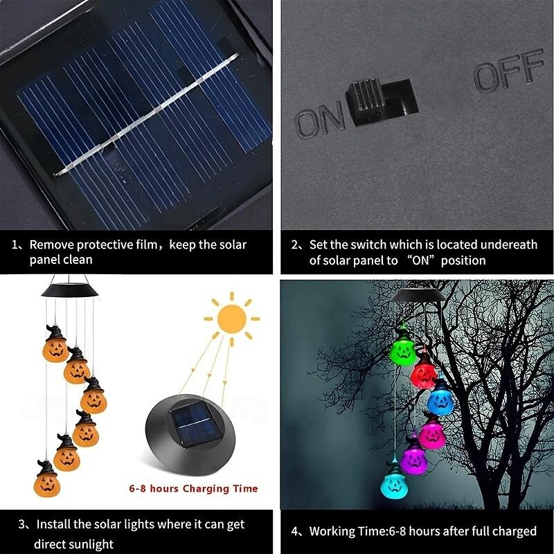1pc Solar Outdoor Halloween Black Hat Pumpkin Wind Chime Lights, Solar Power Supply Discoloration Garden Theme Party Haunted Party Garden Courtyard Outdoor Bar Halloween Decorations4
