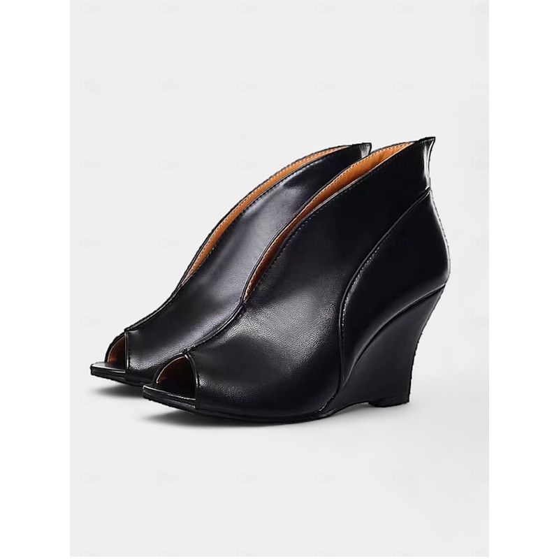 Women's Black Open-Toe Wedge Heels - Stylish Faux Leather Ankle Booties for Casual and Dressy Occasions