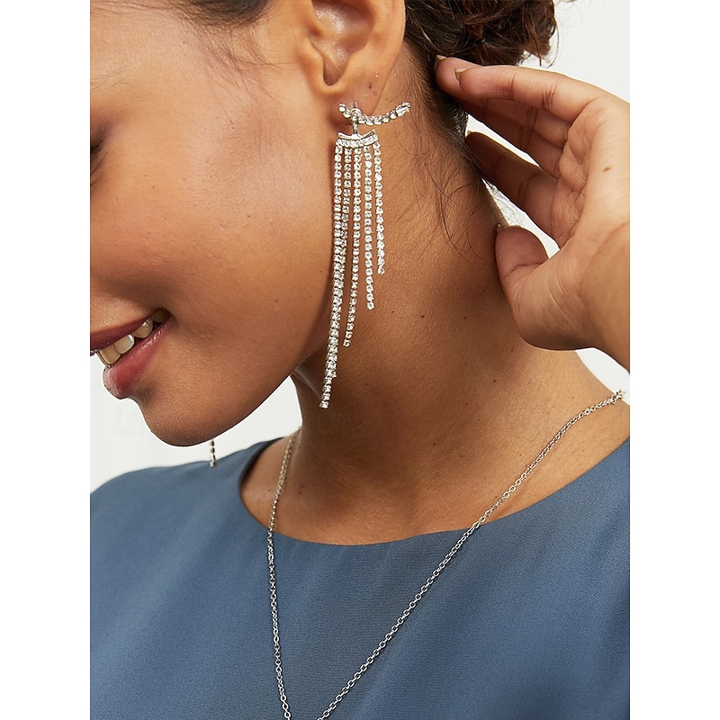 Elegant Long Dangle Earrings with Zircon Crystals - Lightweight Alloy Statement Jewelry for Women, Perfect for Evening Events and Parties3