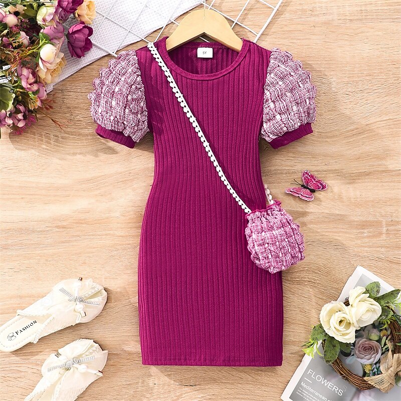 Girls' 3D Solid Color Dress Short Sleeve Summer Vacation Daily Holiday Princess Beautiful Sweet Little Kids(4-7ys) 4-7 Years Casual Dress A Line Dress Knee-length Regular Fit4