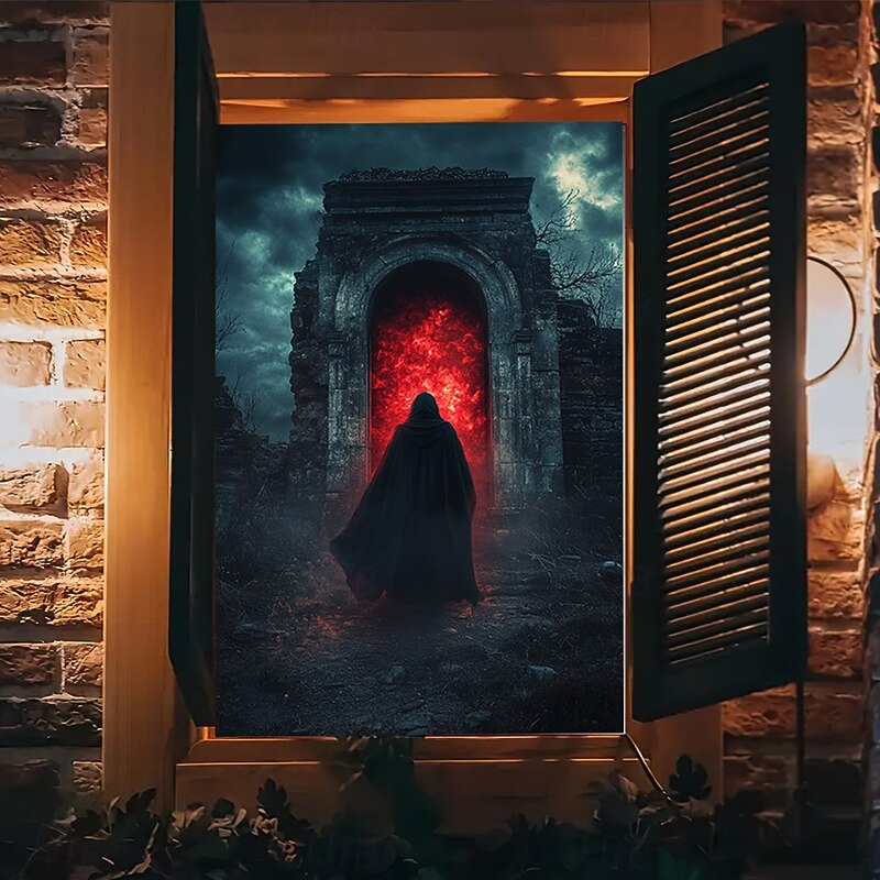 Halloween Window Cover Decorations, Fabric Witch Stair Halloween Curtain Horror Movie Poster Window Door Covering Decor for Haunted House, Scary Halloween Window Clings Decals Indoor Outdoor4