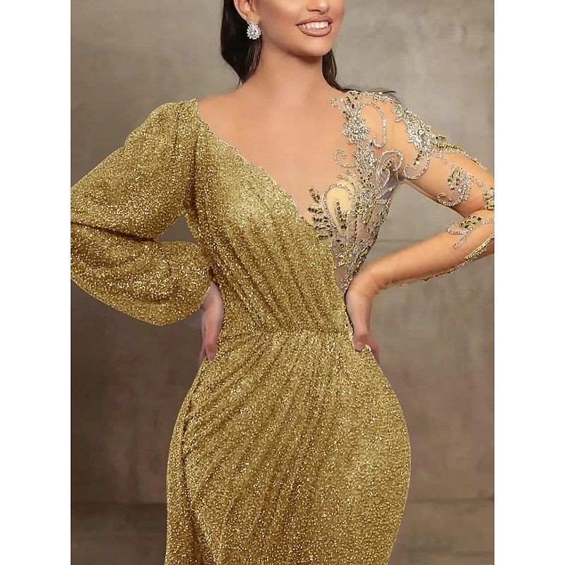 Mermaid Sequin Evening Gown Elegant Dress Formal Court Train Long Sleeve Illusion Neck with Pleats Masquerade Dress2