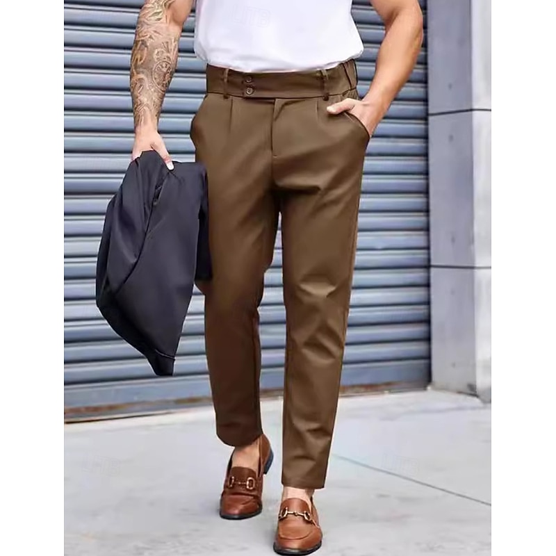 Men's Dress Pants Tapered pants Trousers Suit Pants Pleated Pocket Plain Comfort Soft Full Length Formal Wedding Business Fashion Streetwear Black Blue3