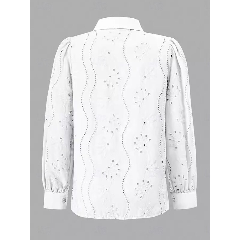 Women's White Elegant Lace Tops Eyelet Blouse Casual Solid Color Lace Lantern Sleeve Long Sleeve Regular Tops Shirt Collar Daily Romantic Petite Tops Summer Holiday Wear White Pink Green Spring Fall3