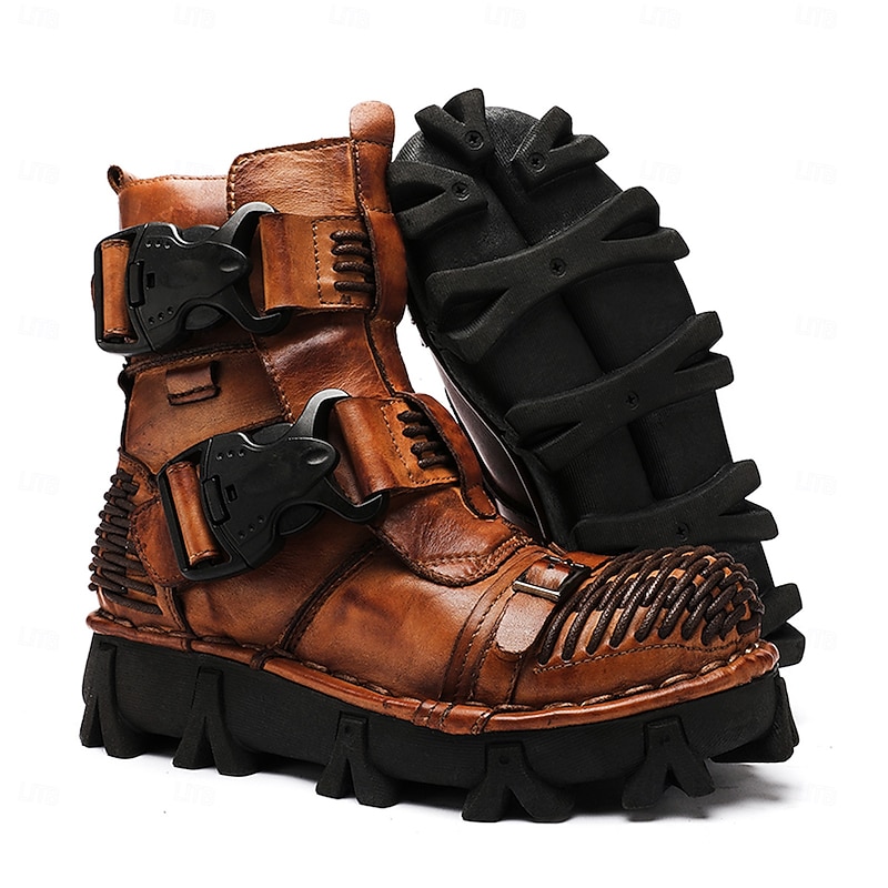 Men's Steampunk Motorcycle Boots with Double Buckle Straps and Rugged Sole, Brown Leather Gothic Footwear for Riding and Cosplay4