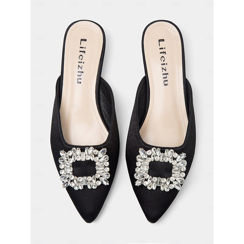 Women's Black Satin Pointed-Toe Mules with Rhinestone Buckle - Elegant Slip-On Flats for Evening and Formal Occasions4