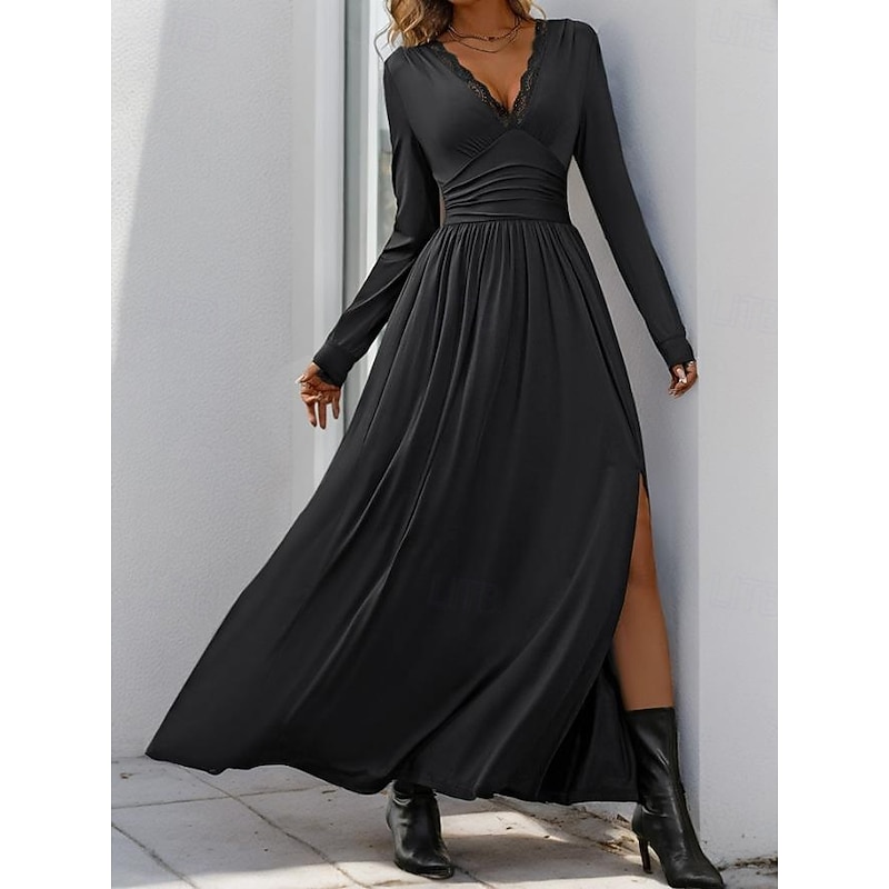 Women's Maxi Dress Black Dress Cocktail Dress Formal Dress Plain Dress Casual Street Date Loose Fit Plain Long Sleeve V Neck Black Red Blue Green Spring Fall