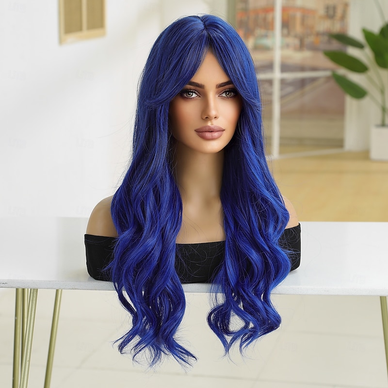 Synthetic Wig Wavy Bouncy Curl Middle Part Wig 28 inch Royal Blue Synthetic Hair Women's Middle Part Cool Adorable Blue3