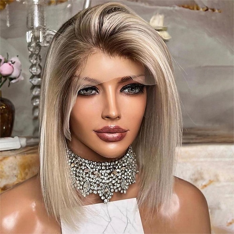 Remy Human Hair 13x4 Lace Front Wig Bob Short Bob Side Part Brazilian Hair Straight Dark Gray Blonde Multi-color Wig 130% 150% 180% Density with Baby Hair Natural Hairline Glueless With Bleached3