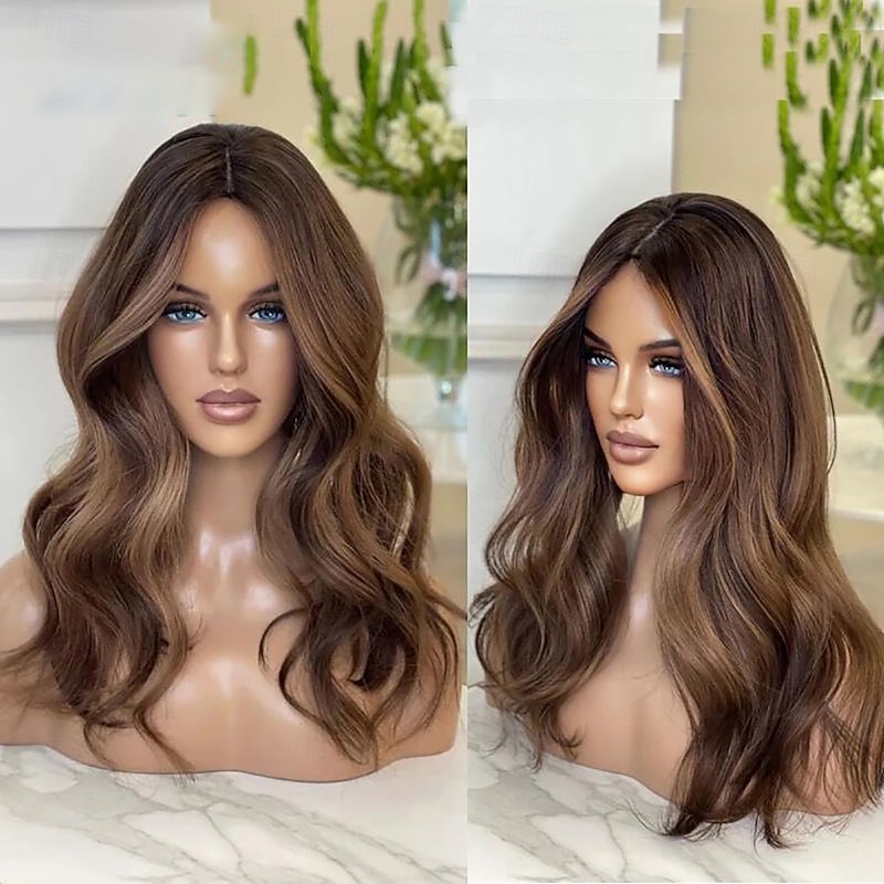 Remy Human Hair 13x4 Lace Front Wig Middle Part Brazilian Hair Wavy Brown Wig 130% 150% Density with Baby Hair Highlighted / Balayage Hair Glueless For Women Long Human Hair Lace Wig