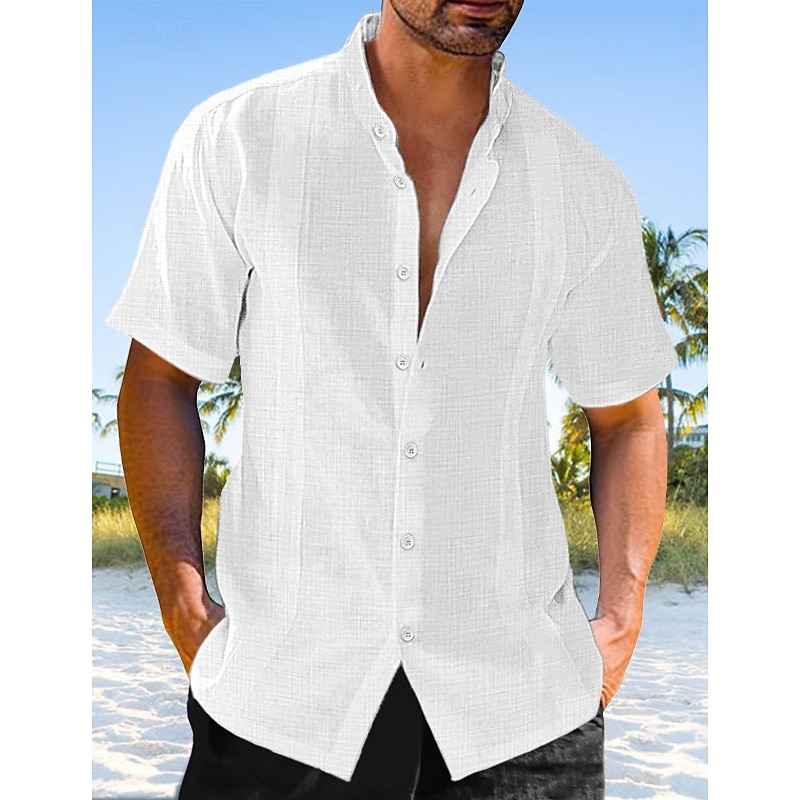 Men's Linen Shirt Guayabera Shirt Band Collar Shirt Summer Shirt Beach Wear Casual Shirt Plain Vacation Curise Black White Blue Green Short Sleeve Stand Collar Summer Clothing Apparel3