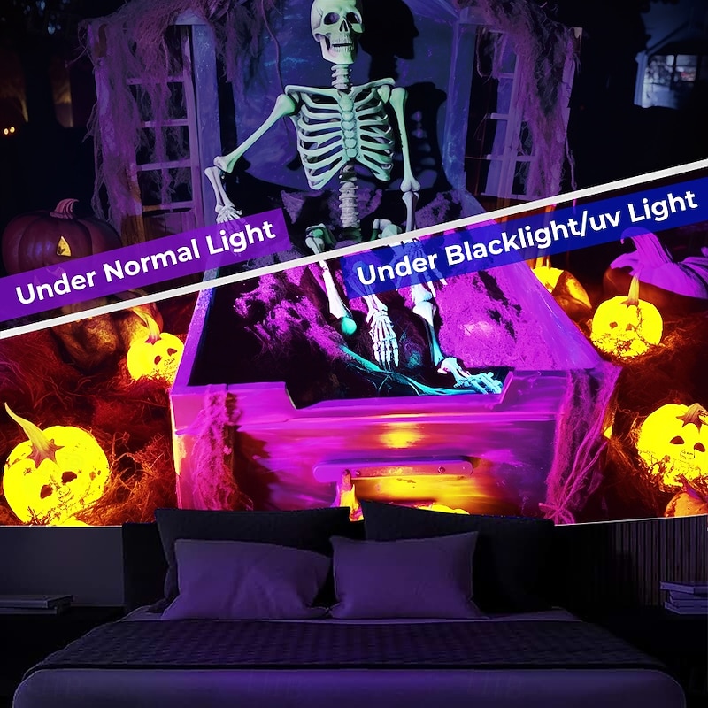 Halloween Decorations Skeleton Blacklight Tapestry UV Reactive Glow in the Dark Glow Party Trippy Misty Pumpkin Lights Hanging Tapestry Wall Art Mural for Living Room Bedroom3