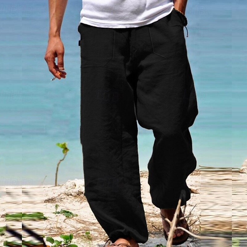 Men's Trousers Summer Pants Beach Pants Elastic Waist Wide Leg Straight Leg Plain Soft Breathable Yoga Casual Daily Fashion Streetwear Loose Fit Black White3