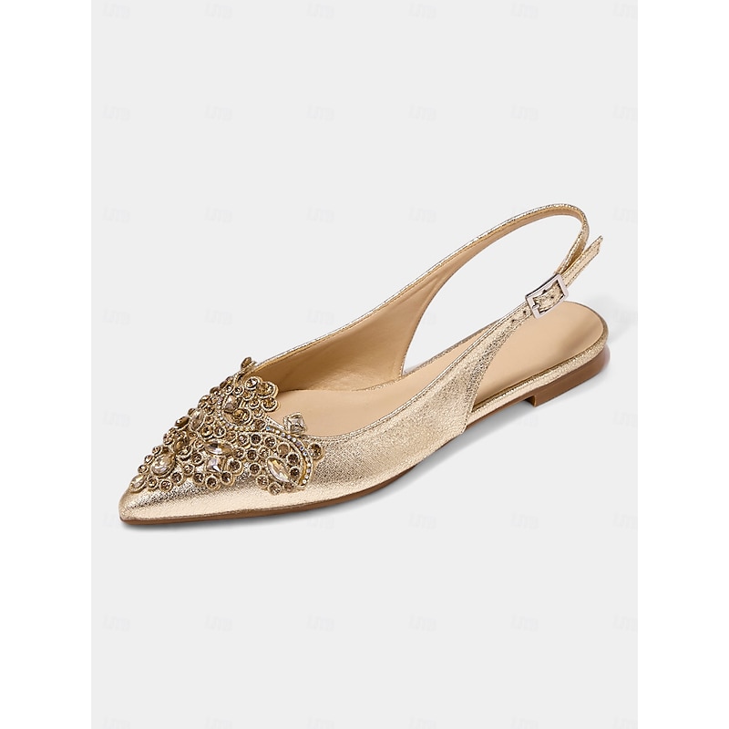 Women's Gold Embellished Pointed Toe Slingback Flats with Crystal Detailing - Luxurious Bridal Shoes for Weddings and Special Events2