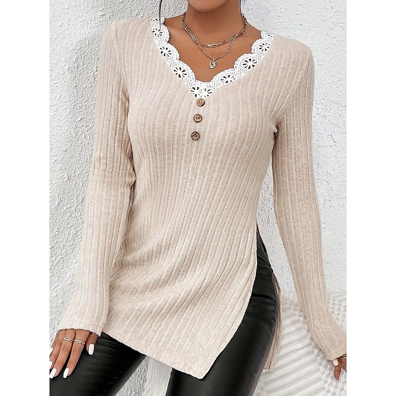 Women's White Elegant Lace Tops Eyelet Blouse Stylish Modern Solid Color Lace Long Sleeve Long Tops V Neck Work Daily Romantic Petite Tops Summer Holiday Wear White Spring Fall4