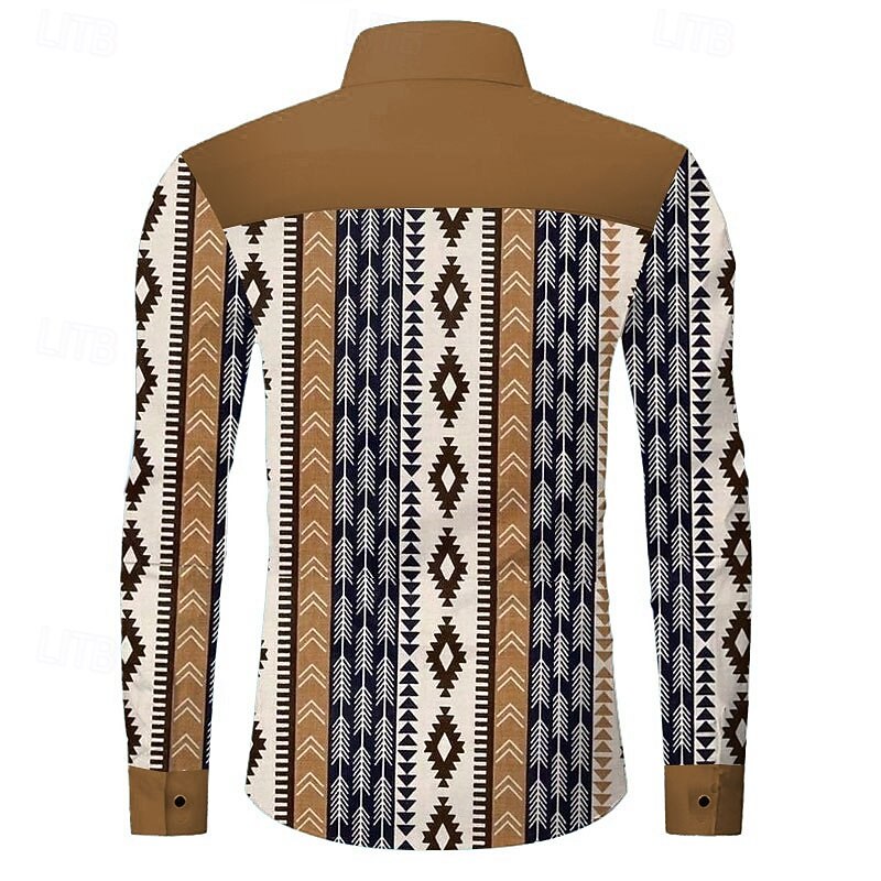 Men's Cowboy Western Shirt Button Up Shirt Cowboy Shirt Long Sleeve Vintage Western Daily Holiday Fall Winter Spring & Summer Turndown Collared Shirts 3D Print Brown2