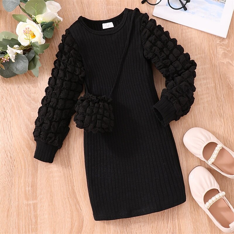Girls' 3D Solid Color Dress Long Sleeve Spring Fall Vacation Daily Holiday Princess Beautiful Sweet Little Kids(4-7ys) 4-7 Years Casual Dress Knee-length Regular Fit3