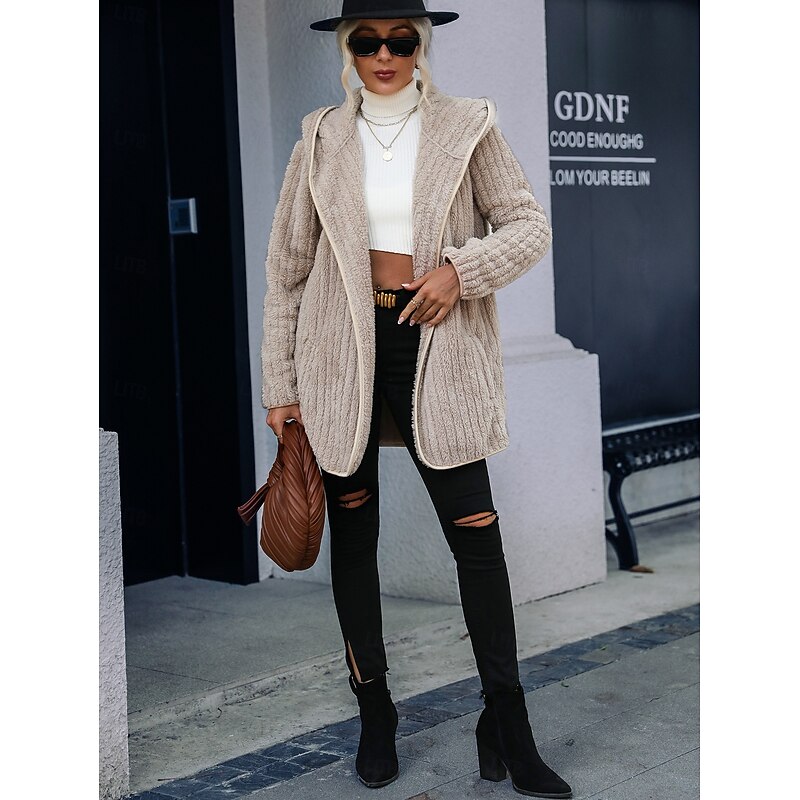 Women's Sherpa Jacket Teddy Coat Warm Zipper Pocket Fashion Casual Plain Work Open Front Turndown Loose Fit Long Sleeve Outerwear Black Red Gray Fall Winter3