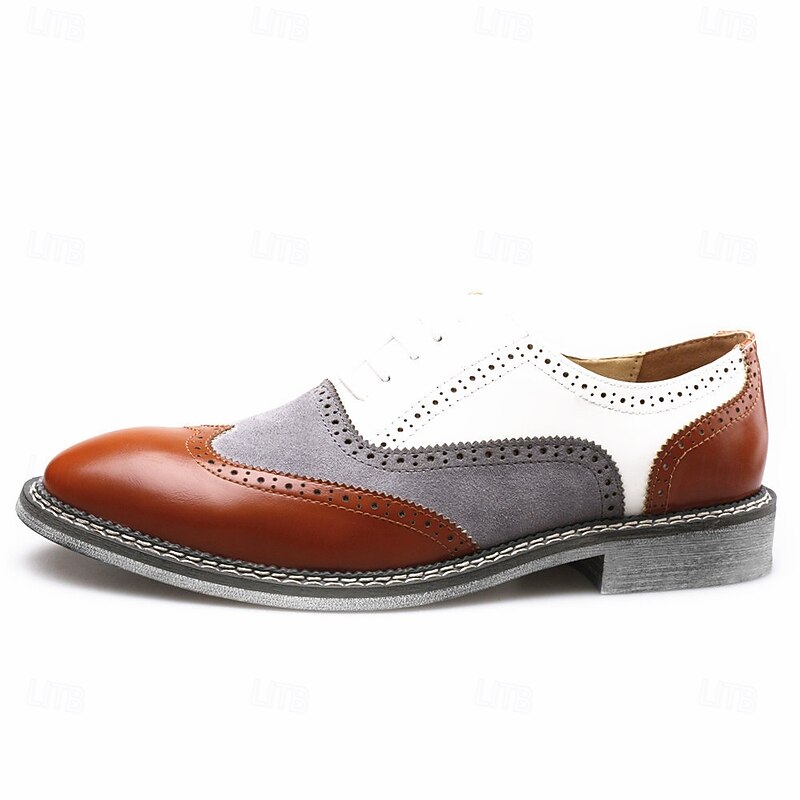 Men's Gatsby-Inspired Wingtip Spectator Oxford Shoes in White, Suede Grey, and Brown, Vintage Brogue Leather Dress Shoes for 1920s Wedding, Jazz Garden Party, and Formal Events3