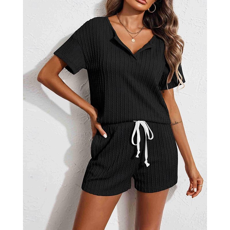 Women's Pajama Set Pure Color Casual Comfort Home Daily Spandex Comfort V Wire Short Sleeve Pant Elastic Waist Summer Home Outfits4
