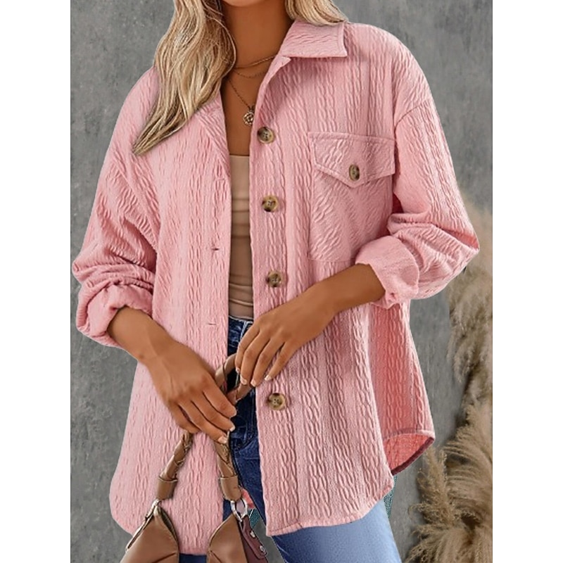 Women's Vacation Button Solid Color Breathable Fashion Loose Fit Outerwear Long Sleeve Spring Pink S