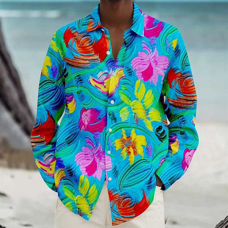 Men's Floral Beach Shirt Summer Hawaiian Shirt Button Up Shirt Long Sleeve Shirt Collared Shirts Hawaiian Casual Vacation Daily Yellow Blue S M L4