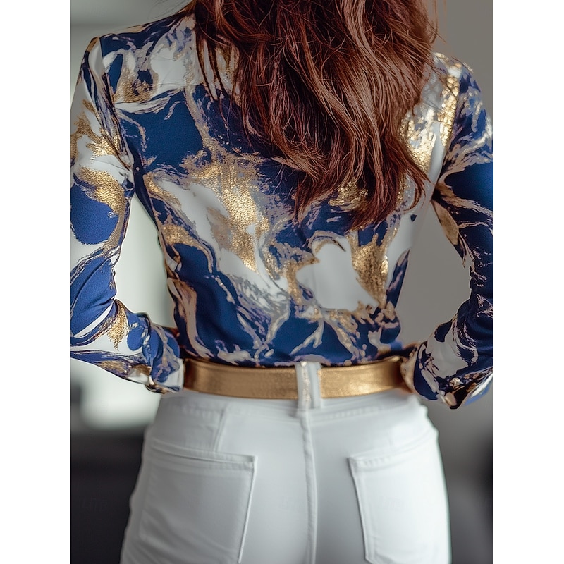 Women's Shirt Long Sleeve Button Down Blouse Elegant Stylish Business Print Regular Tops Shirt Collar Work Blue Summer Fall Winter2