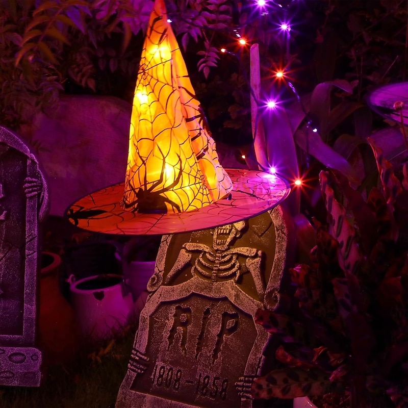 8pcs Halloween Glow Witch Hat Remote Control Outdoor Tree Hanging Lights 40LED Battery Powered Halloween Party Garden Yard Balcony Decoration3