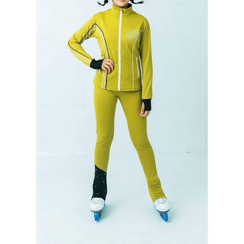 Figure Skating Fleece Jacket Figure Skating Pants Figure Skating Jacket with Pants Women's Girls' Ice Skating Jacket Tights Outfits Black Yellow Patchwork Thumbhole Spandex Stretchy Training Practice