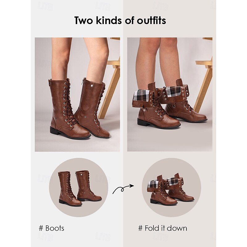 Women's Brown Convertible Lace-Up Combat Boots with Fold-Down Plaid Cuffs - Versatile Vintage Style for Casual and Outdoor Wear4