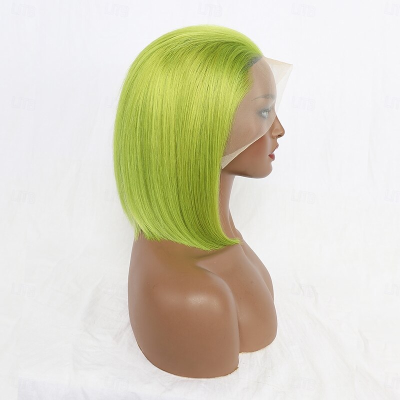 Rose Neon# Lace Front Bob Wigs Ombre Neon Green Side Part Simulated Scalp with Hand-Tied Lace Front Short Bob Human Hair Wig for Women Natural Hairline with Baby Hair Lemon Green Color3