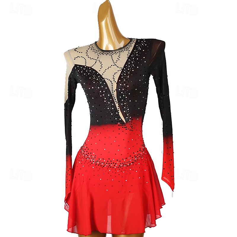 Figure Skating Dress Women's Girls' Ice Skating Dress Lake Blue Red Black Blue Patchwork Open Back Mesh Spandex High Elasticity Training Practice Professional Skating Wear Classic Crystal / Rhinestone3