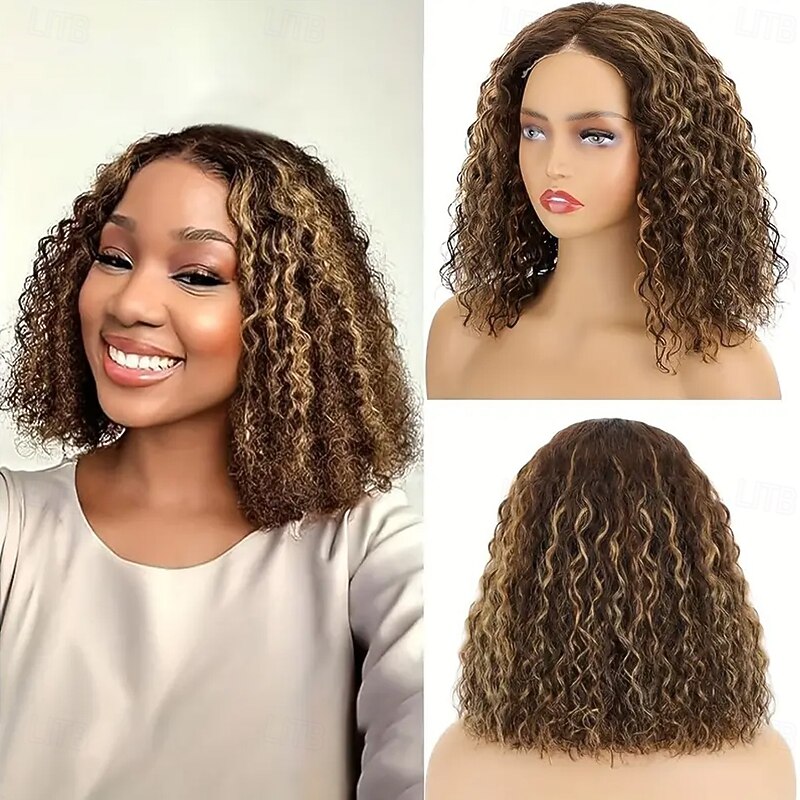 Unprocessed Virgin Hair 13x4 Lace Front Wig Short Bob Brazilian Hair Deep Curly Afro Kinky Curly Orange Burgundy Multi-color Wig 130% 150% 180% Density with Baby Hair Highlighted / Balayage Hair 1002