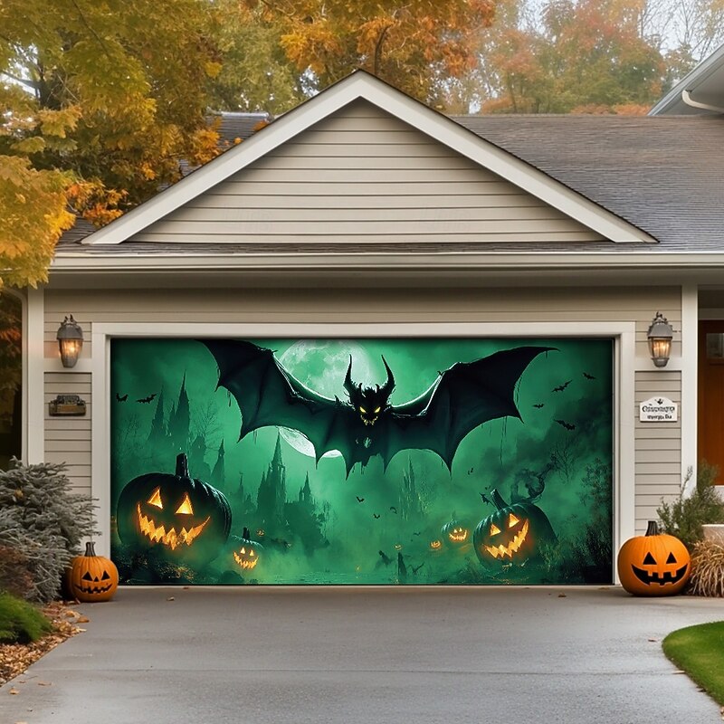 Halloween Door Decorations Outdoor Halloween Garage Door Cover Jack O Lantern Banner Pumpkin Bats Graveyard Outside Large Backdrop Decoration for Holiday Outdoor Garage Door Home Wall Decorations