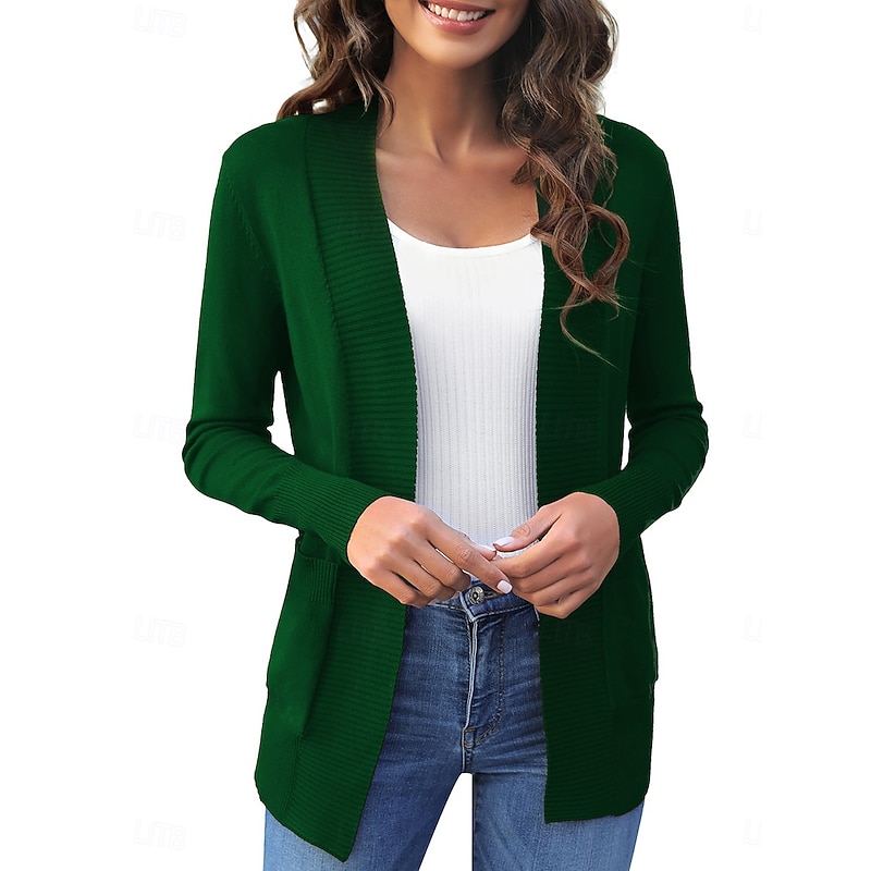 Women's Cardigan Casual Soft Solid Color Crew Neck Pocket Long Sleeve Regular Tops Knit Daily Black Green Spring Fall