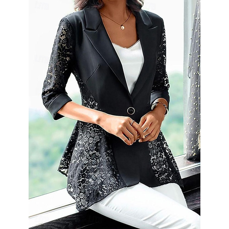 Women's Blazer Formal Patchwork Solid Color Casual / Daily Fashion Regular Fit Outerwear Long Sleeve Spring Black S