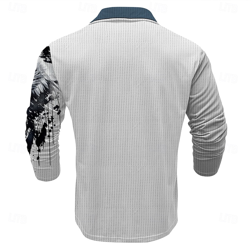 Men's Eagle Waffle Polo Shirts Golf Shirt Long Sleeve Polo Shirts Collared Shirts Casual Funny Streetwear Vacation Wear Party Outfits Buttons 3D Print Spring Fall & Winter White2