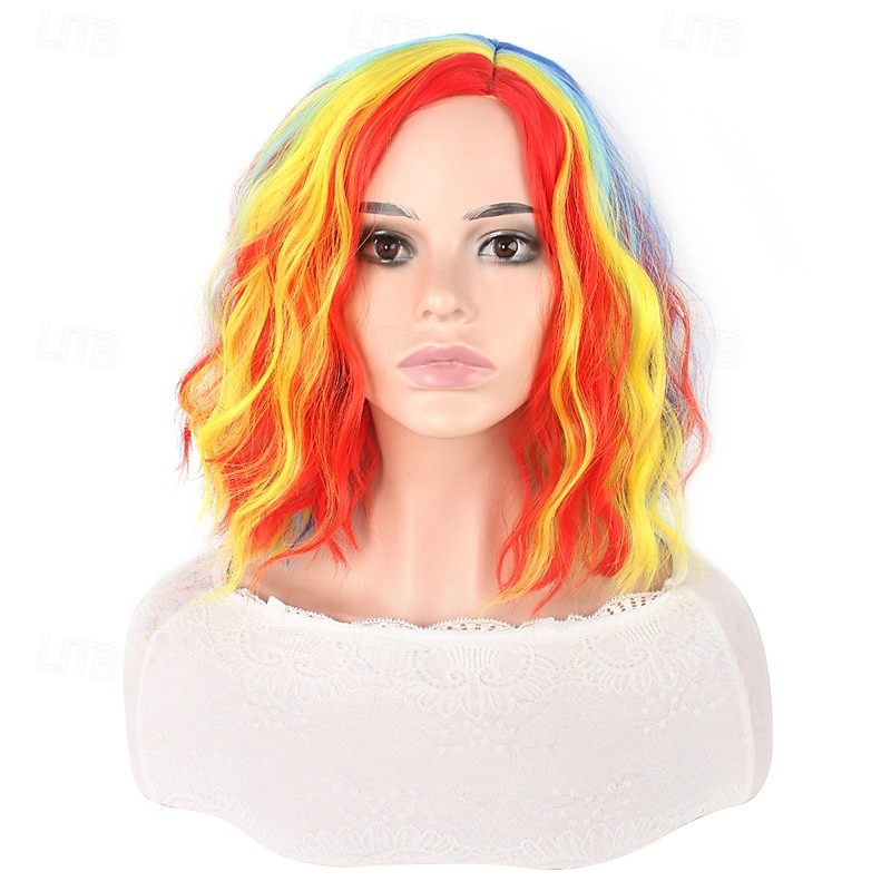 Women Short Synthetic Wigs Heat Resistance Curly Hair Central Part Rainbow Multi Color Orage Blue Ombre Wig3