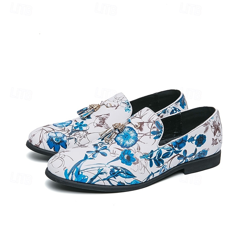 Men's Floral Print Loafers with Tassel Detail - Vintage Style Slip-On Dress Shoes for Formal Occasions2
