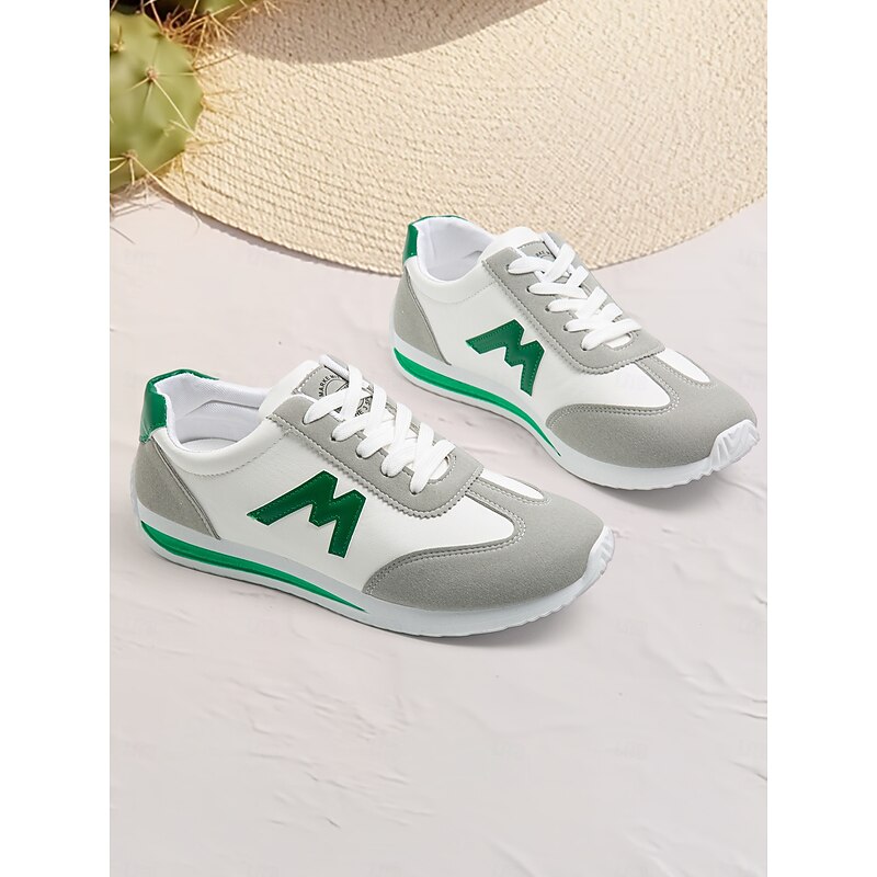 Women's Retro Style White and Green Casual Sneakers, Perfect for Daily Wear and Light Sports Activities