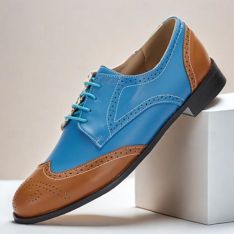 Men's Colorful Oxford Brogues with Blue and Brown Leather, Intricate Pattern Design - Stylish and Unique Shoes for Formal and Semi-Formal Occasions2