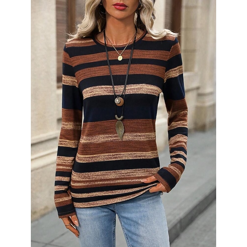 Women's T shirt Crew Neck Long Sleeve Tunic Casual Print Regular Tops Daily Brown Spring Fall
