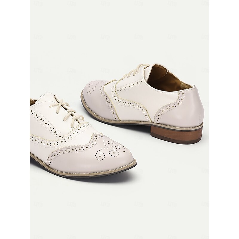 Women's Cream and White Faux Leather Brogue Oxford Shoes with Lace-Up Closure - Vintage-Inspired Formal Footwear4