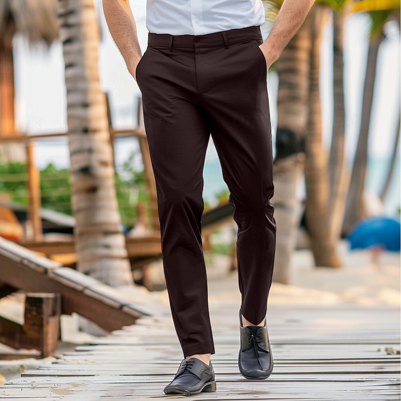 Men's Dress Pants Trousers Casual Pants Pocket Elastic Waist Straight Leg Plain Stretch Wedding Office Business Stylish Formal Black Wine High Waist Micro-elastic