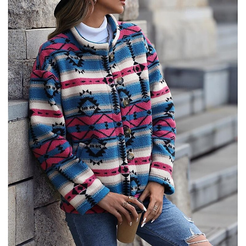 Women's Winter Coat Athleisure Holiday Daily Wear Fall Winter Regular Coat Stand Collar Regular Fit Stylish Casual Jacket Long Sleeve Geometric Slim Fit Blue3